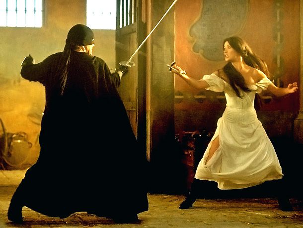 Their sexy stable-side swordfight was marked by fancy footwork, stolen kisses, and his skillful disrobing of her with solely the use of his blade.