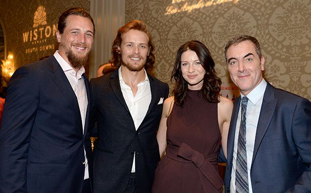 Caitríona Balfe with Ben Robson, Sam Heughan, and James Nesbitt at the BAFTA Los Angeles Tea Party at the Four Seasons Hotel in Beverly Hills on Jan. 10, 2015