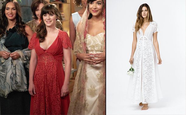 I need details on the red dress that Zooey Deschanel&rsquo;s character wore in the New Girl finale &ndash; I have a lot of events this summer and this would be perfect! &mdash;Karen