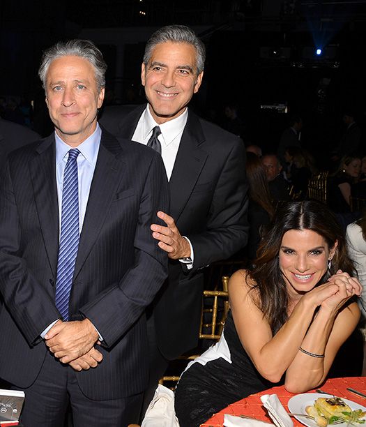 Jon Stewart With George Clooney and Sandra Bullock at the USC Shoah Foundation Institute 2013 Ambassadors for Humanity Gala on October 3, 2013