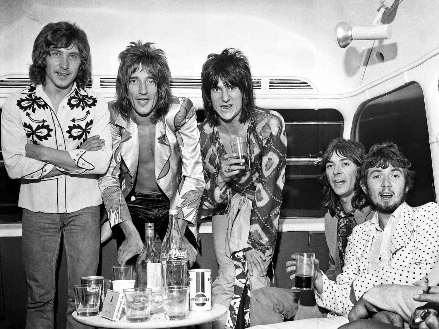 Rod Stewart With Kenney Jones, Ronnie Wood, Ian McLagan, and Ronnie Lane on the Top Deck of Their Bus on September 1, 1971