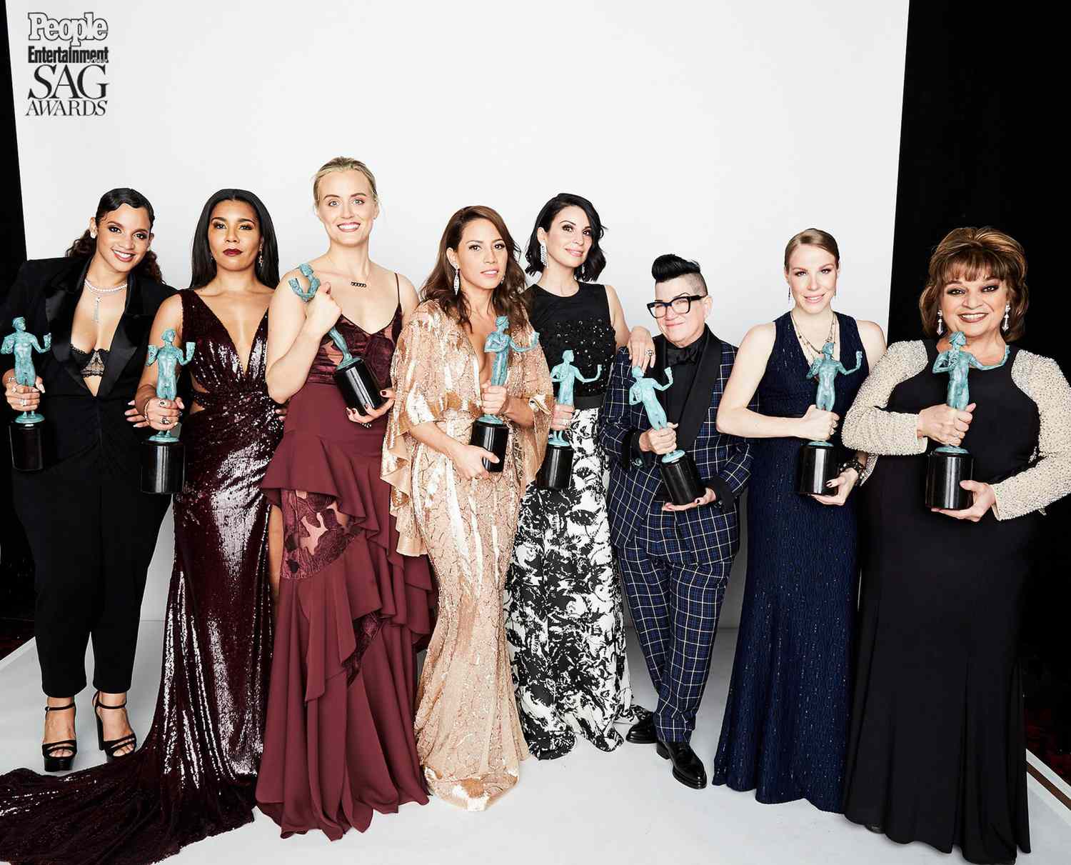Outstanding Performance by an Ensemble in a Comedy Series Winners Dascha Polanco, Jessica Pimentel, Taylor Schilling, Elizabeth Rodriguez, Beth Dover, Lea DeLaria, Emma Myles, and Lin Tucci (Orange is the New Black)
