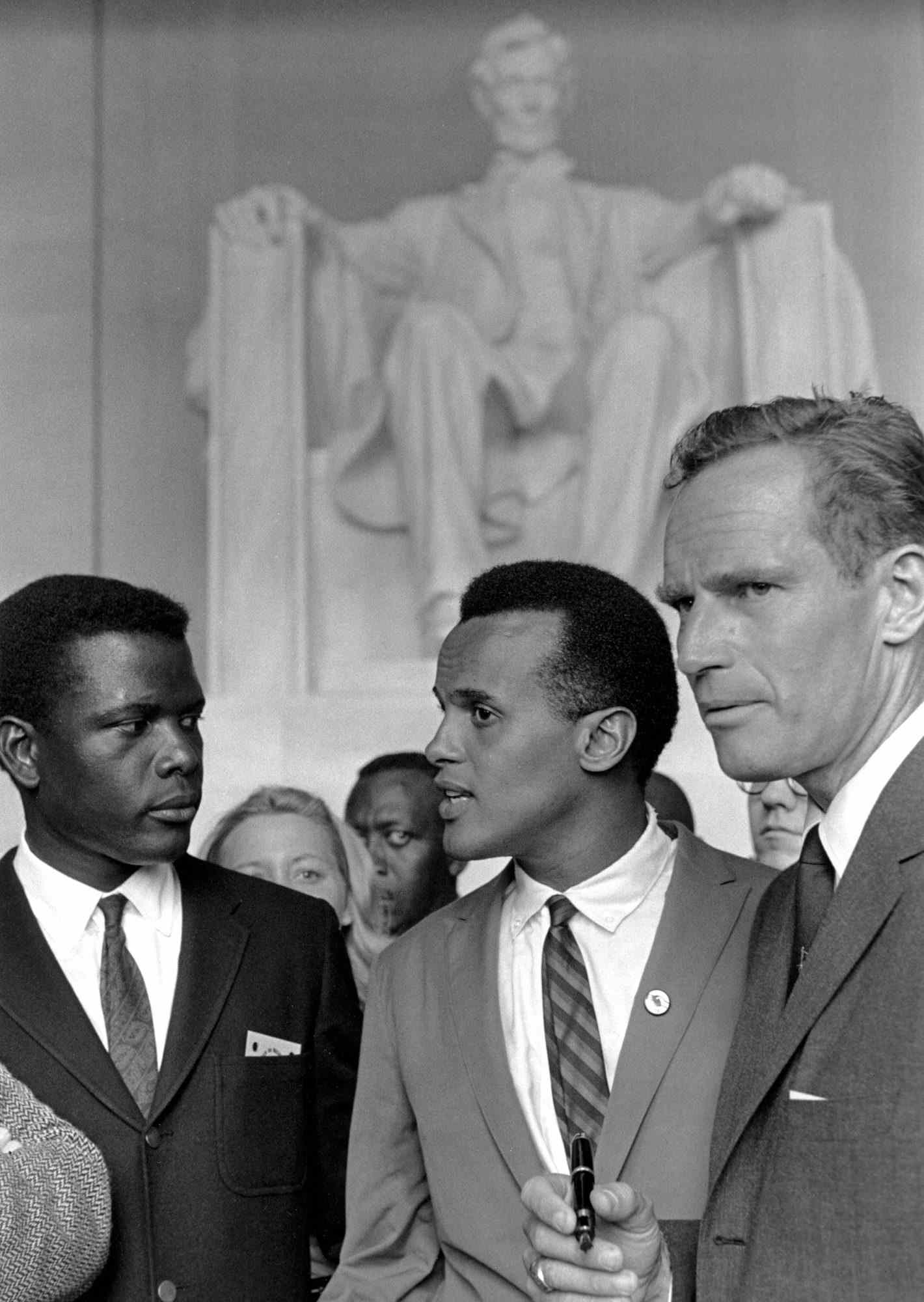 Harry Belafonte With Sidney Poitier and&nbsp;Charleton Heston at the Lincoln Memorial During the March on Washington for Jobs and Freedom&nbsp;on August 28, 1963