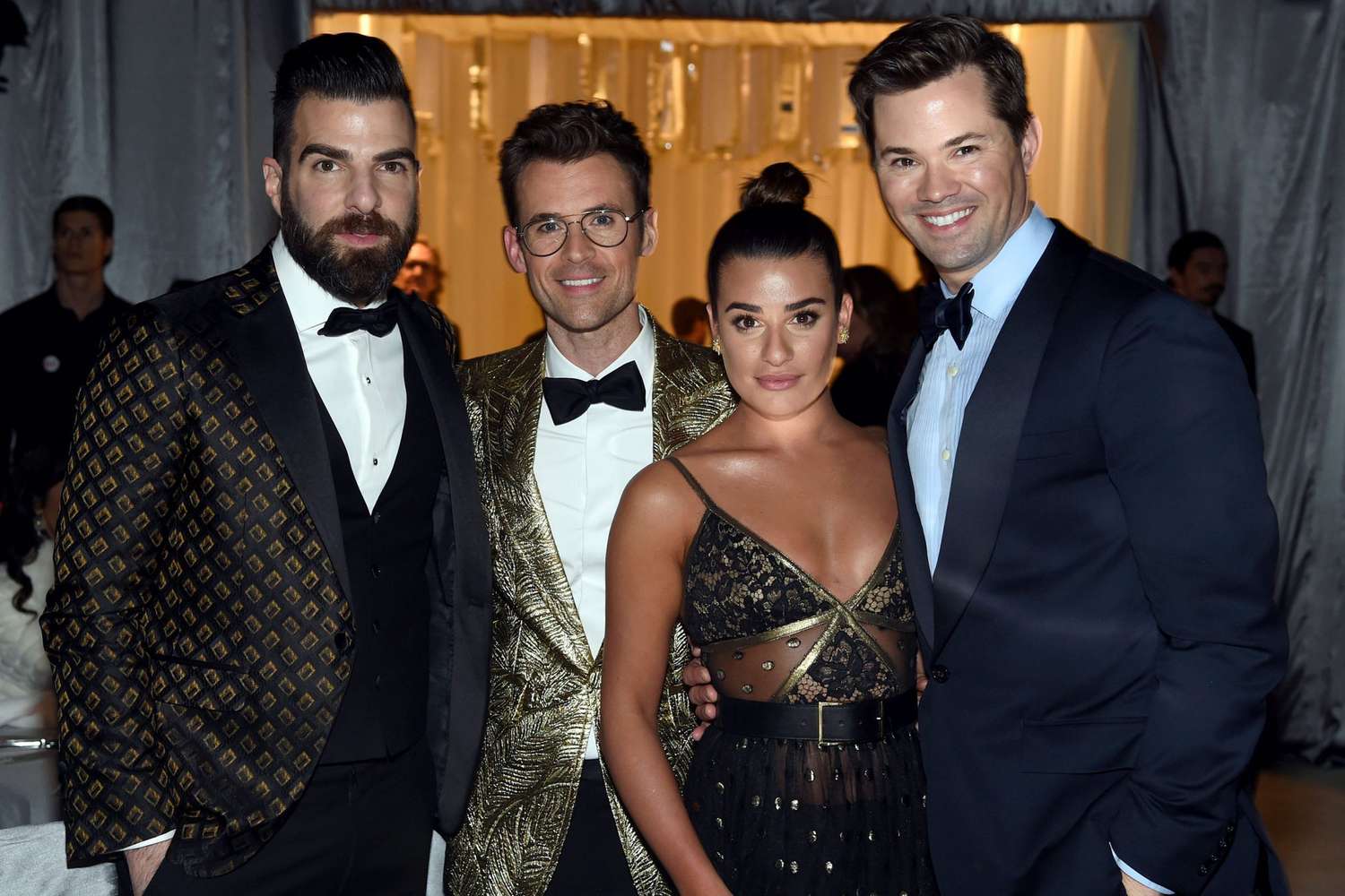 Zachary Quinto, Brad Goreski, Lea Michele, and Andrew Rannells at&nbsp;the 25th Annual Elton John AIDS Foundation's Academy Awards Viewing Party