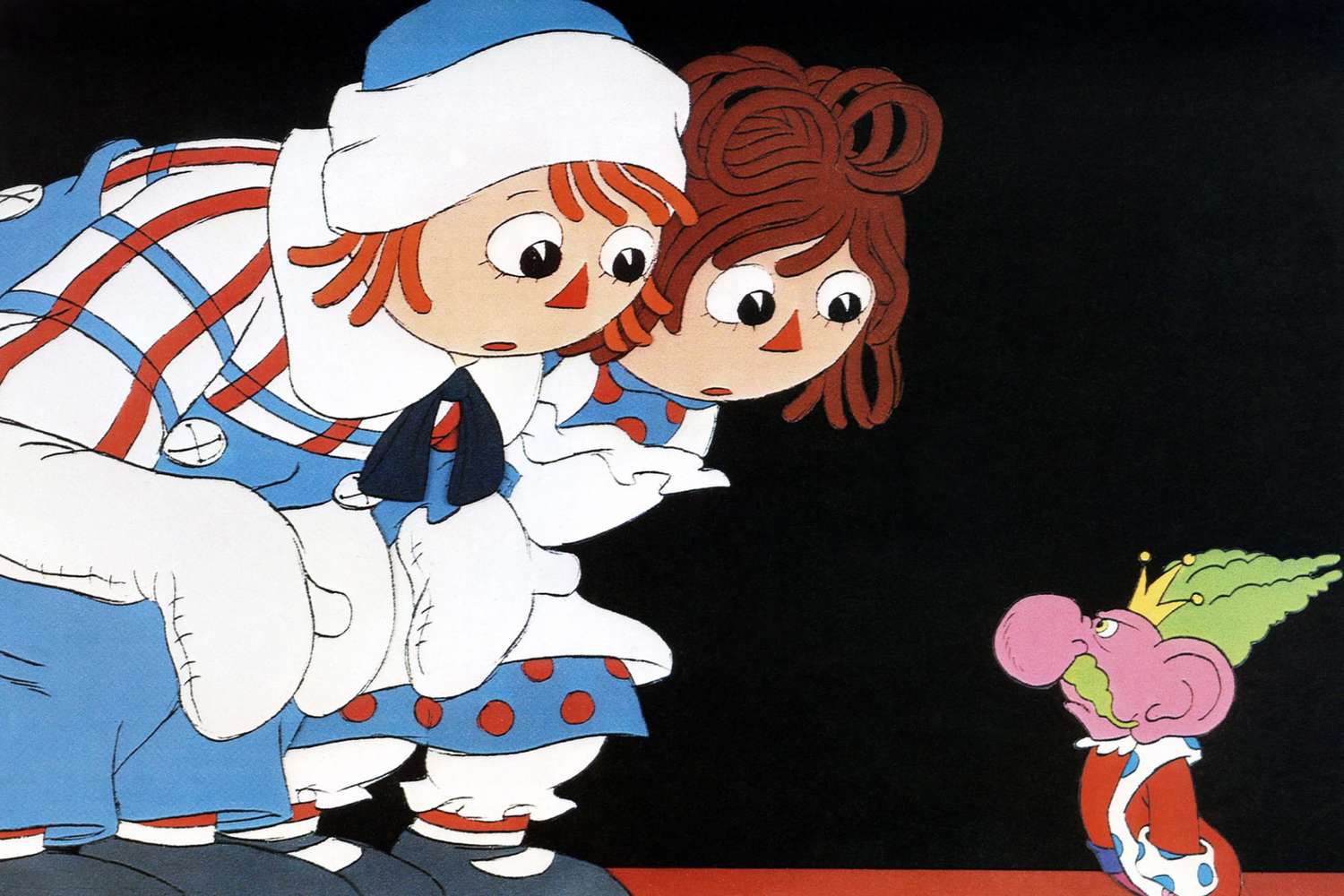RAGGEDY ANN & ANDY: A MUSICAL ADVENTURE, from left: Raggedy Andy, Raggedy Ann, King Koo Koo, 1977. &copy;