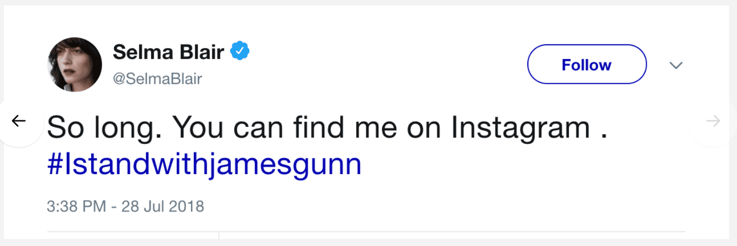 Selma Blair Quits Twitter In Support Of James Gunn Ew Com