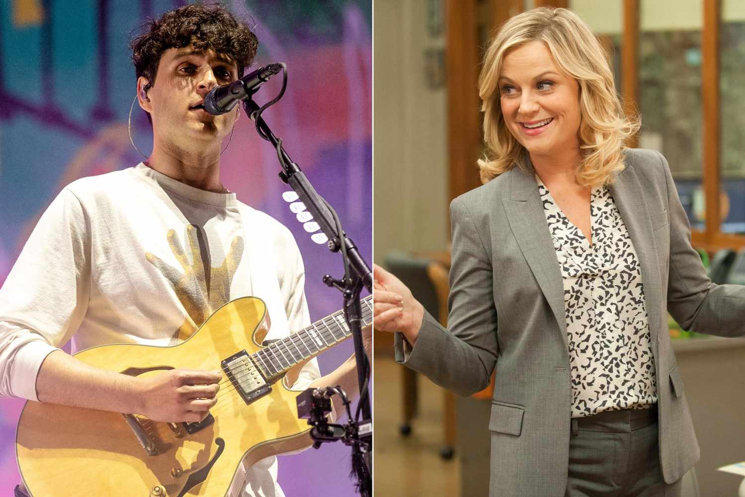 CHICAGO, IL - AUGUST 04: Ezra Koenig of Vampire Weekend performs at Lollapalooza 2018 at Grant Park on August 4, 2018 in Chicago, Illinois. (Photo by Josh Brasted/FilmMagic) PARKS AND RECREATION -- "Galentine's Day" Episode 617 -- Pictured: Amy Poehler as Leslie Knope -- (Photo by: Colleen Hayes/NBC/NBCU Photo Bank via Getty Images)