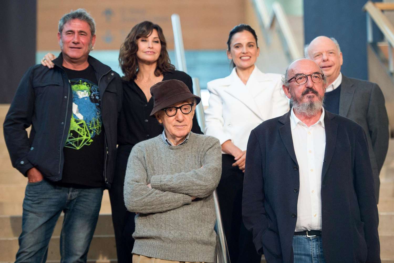 US director Woody Allen (front L) and Mediapro chief executive officer Jaume Roures (frint R) pose with (back L-R) Spanish actor Sergi Lopez, US actress Gina Gershon, Spanish actress Elena Anaya and US actor Wallace Shawn pose during a photocall in the northern Spanish Basque city of San Sebastian, where he will start shooting his yet-untitled next film, on July 9, 2019. (Photo by ANDER GILLENEA / AFP) (Photo credit should read ANDER GILLENEA/AFP/Getty Images)