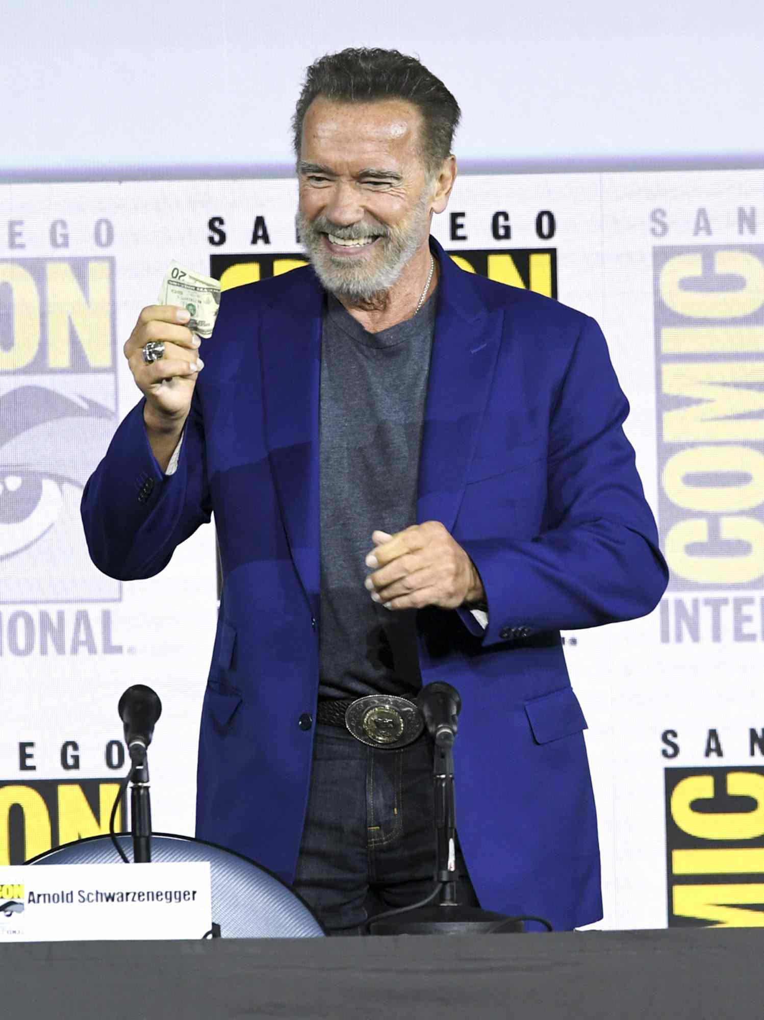 SAN DIEGO, CALIFORNIA - JULY 18: Arnold Schwarzenegger speaks at the "Terminator: Dark Fate" panel during 2019 Comic-Con International at San Diego Convention Center on July 18, 2019 in San Diego, California. (Photo by Kevin Winter/Getty Images)