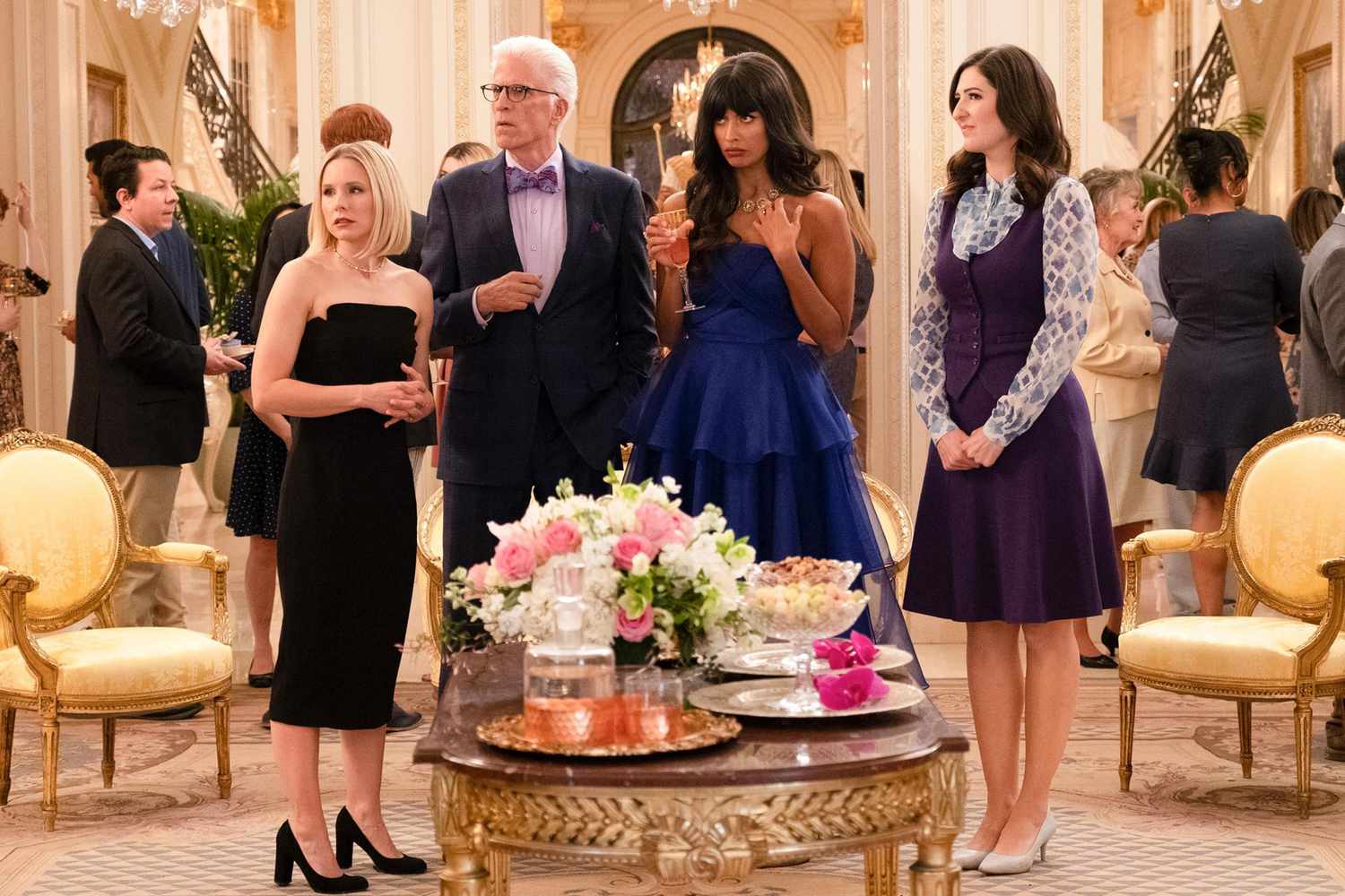 THE GOOD PLACE -- "A Girl From Arizona" Episode 401/402 -- Pictured: (l-r) Kristen Bell as Eleanor, Ted Danson as Michael, Jameela Jamil as Tahani, D'Arcy Carden as Janet -- (Photo by: Colleen Hayes/NBC)