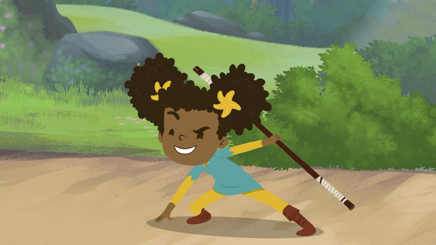 The Bravest Knight -- "Cedric & the Cave" -- Nia is taught how to track in the woods as she hears the tale of Cedric and Grunt hiding from a Yeti in a mountainside cave. By being resourceful, they are able to escape the beast and find the secret to its anger. (Photo courtesy of Hulu)