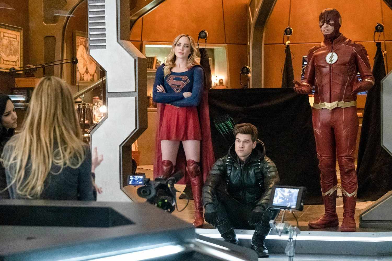 DC's Legends of Tomorrow -- "Hey World!" -- Image Number: LGN416a_0383b.jpg -- Pictured (L-R): Tala Ashe as Zari, Jes Macallan as Ava Sharpe, Caity Lotz as Sara Lance/White Canary, Nick Zano as Nate Heywood/Steel and Adam Tsekhman as Agent Gary Green -- Photo: Katie Yu/The CW -- &Atilde;&Acirc;&copy; 2019 The CW Network, LLC. All Rights Reserved.