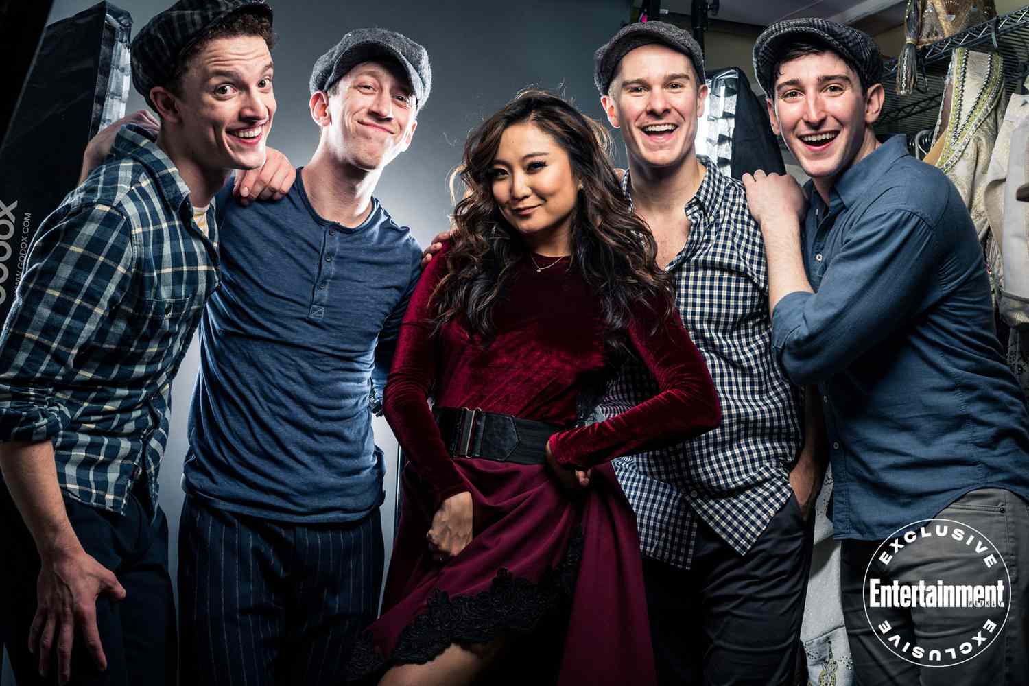Newsies&nbsp;cast members Iain Young, Ryan Breslin, Ryan Steele, and Ben Fankhauser, with Ashley Park (center)