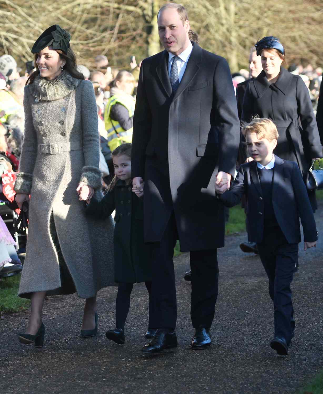 The Duke and Duchess of Cambridge and their children Prince George and Princess Charlotte arriving to attend the Christmas Day morning church service at St Mary Magdalene Church in Sandringham, Norfolk. (Photo by Joe Giddens/PA Images via Getty Images)