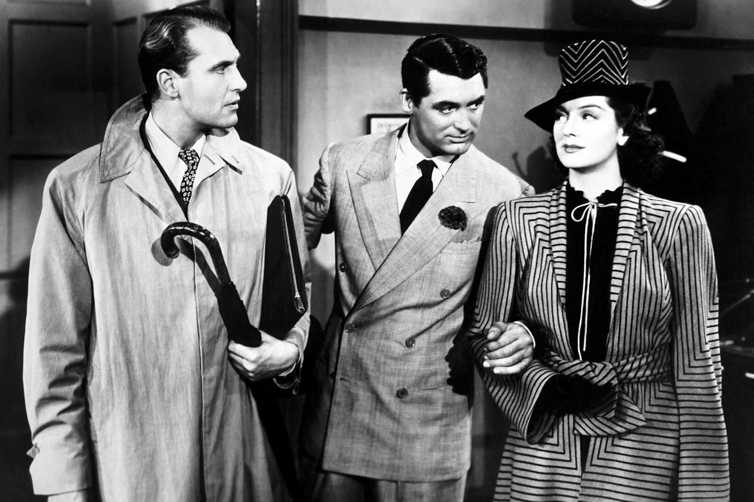 HIS GIRL FRIDAY, from left, Ralph Bellamy, Cary Grant, Rosalind Russell, 1940