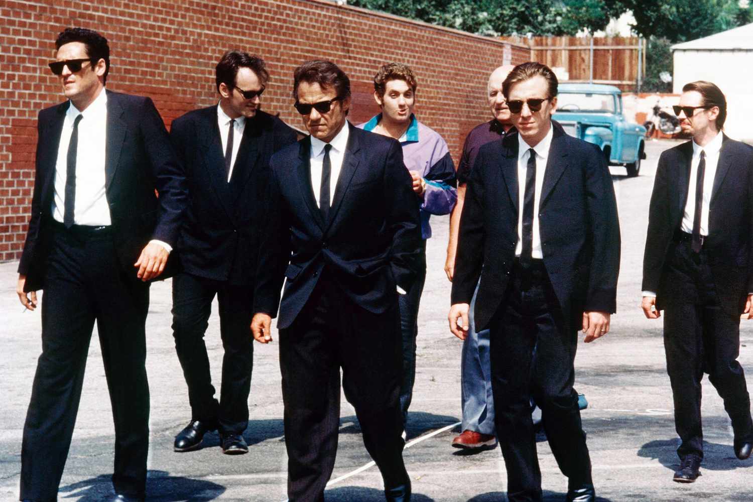 Michael Madsen, Quentin Tarantino, Harvey Keitel, Christopher Penn, Lawrence Tierne, Tim Roth, and Steve Buscemi in 'Reservoir Dogs'