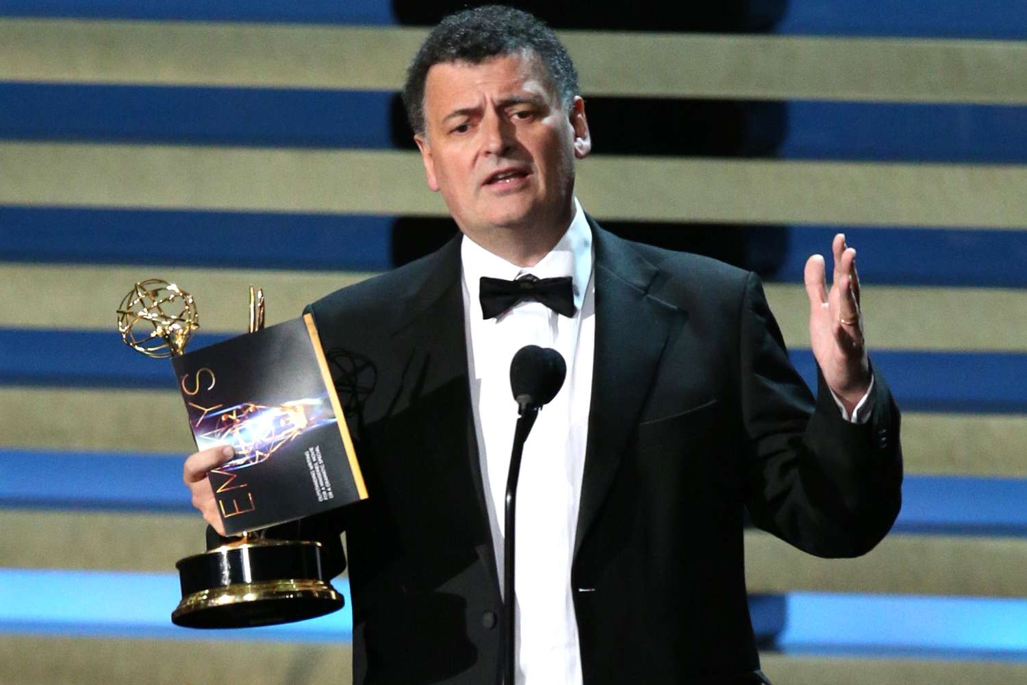 Steven Moffat accepts the Outstanding Writing for a Miniseries, Movie or a Dramatic Special award for 'Sherlock: His Last Vow'