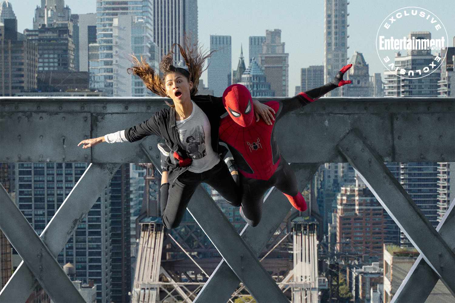 Spidey glides through the air with MJ in Spider-Man: No Way Home