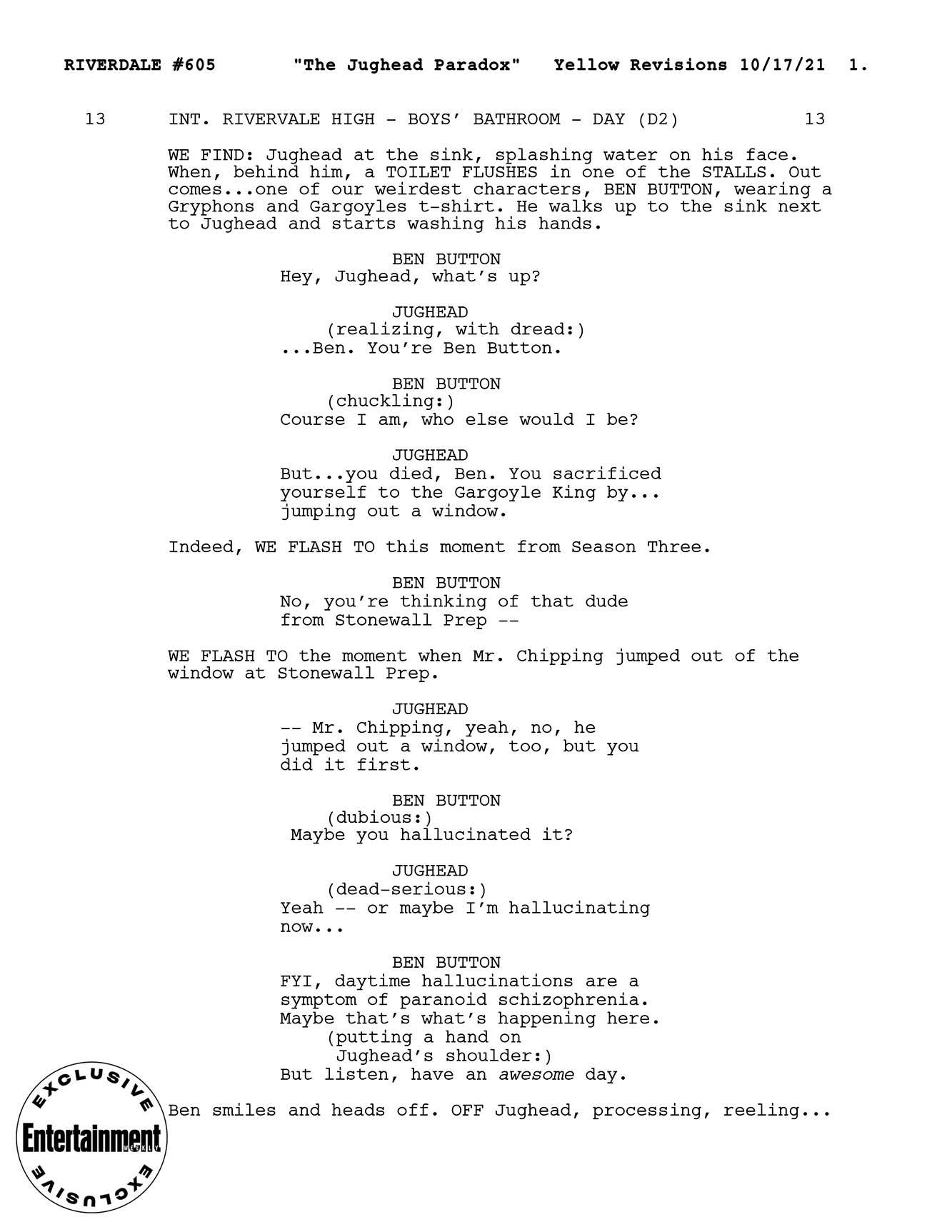 Riverdale script page for the Jughead Paradox
