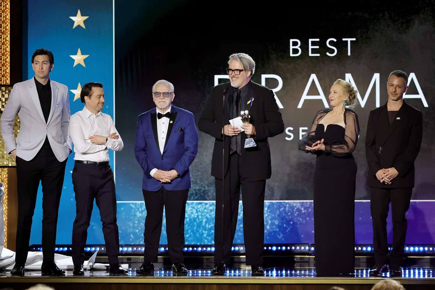 Nicholas Braun, Kieran Culkin, Brian Cox, Scott Ferguson, J. Smith-Cameron and Jeremy Strong accept the Best Drama Series award for 'Succession'