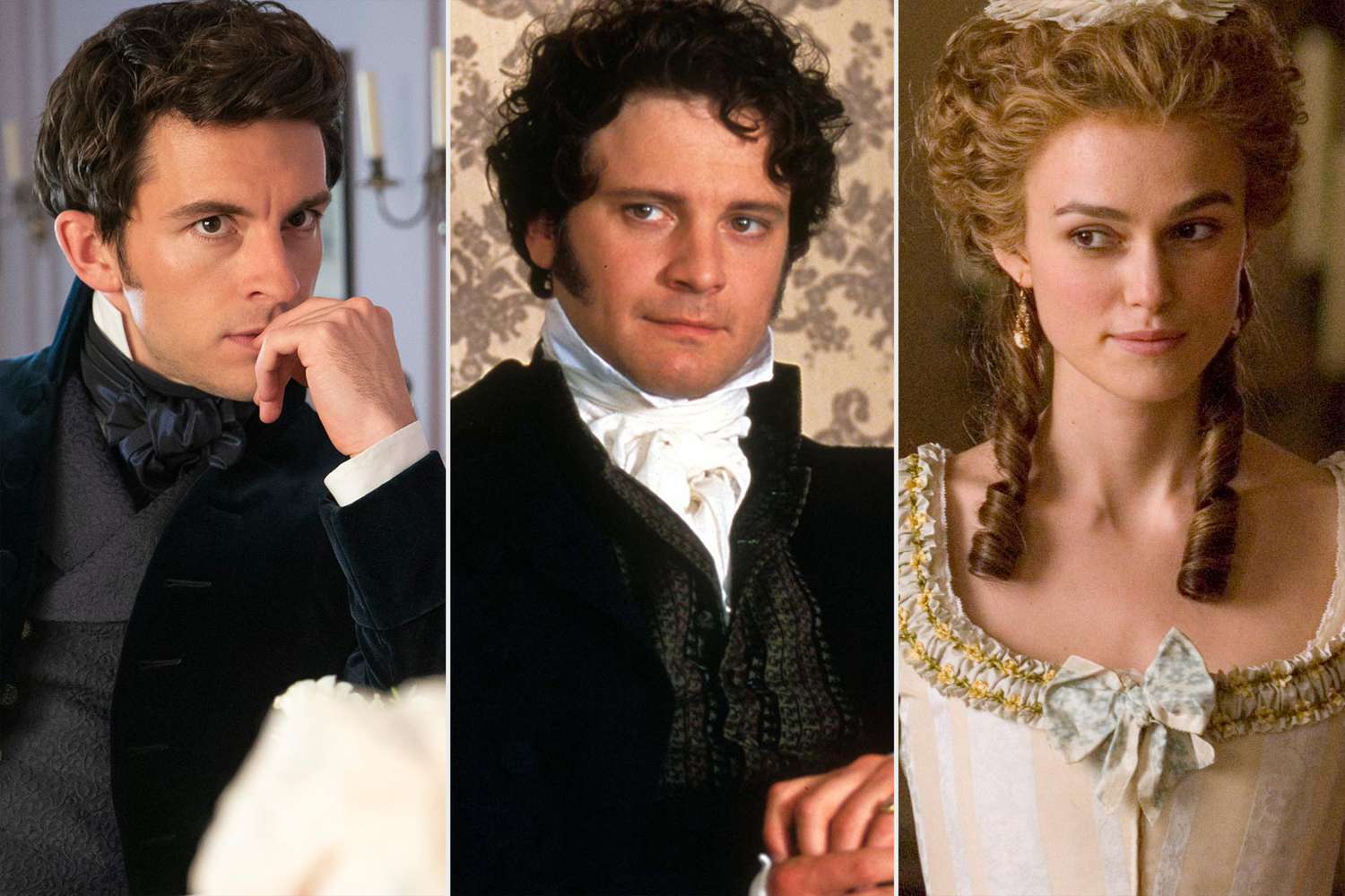 Jonathan Bailey in Bridgerton, Colin Firth as Darcy in Pride and Prejudice and Keira Knightley in The Duchess