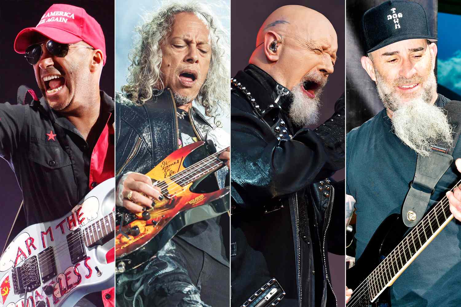 Tom Morello performing with Rage Against the Machine, Kirk Hammett performing with Metallica, Rob Halford performing with Judas Priest, and Scott Ian performing with Anthrax