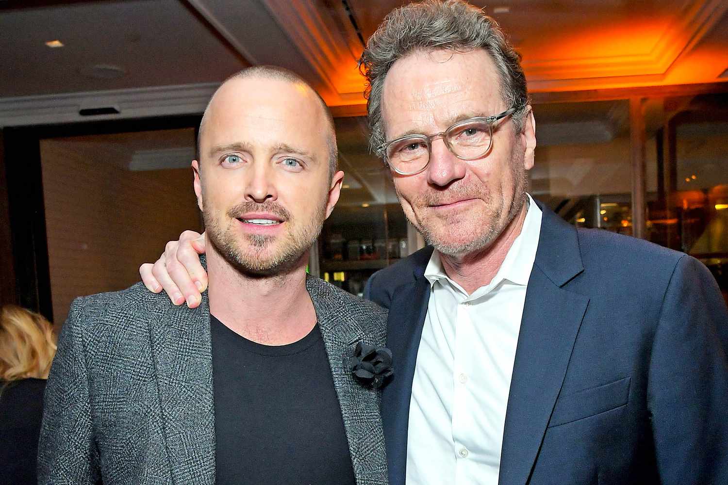 LOS ANGELES, CALIFORNIA - OCTOBER 07: Aaron Paul (L) and Bryan Cranston attend the after party for the World Premiere of "El Camino: A Breaking Bad Movie" at Baltaire Restaurant on October 07, 2019 in Los Angeles, California. (Photo by Charley Gallay/Getty Images for Netflix)