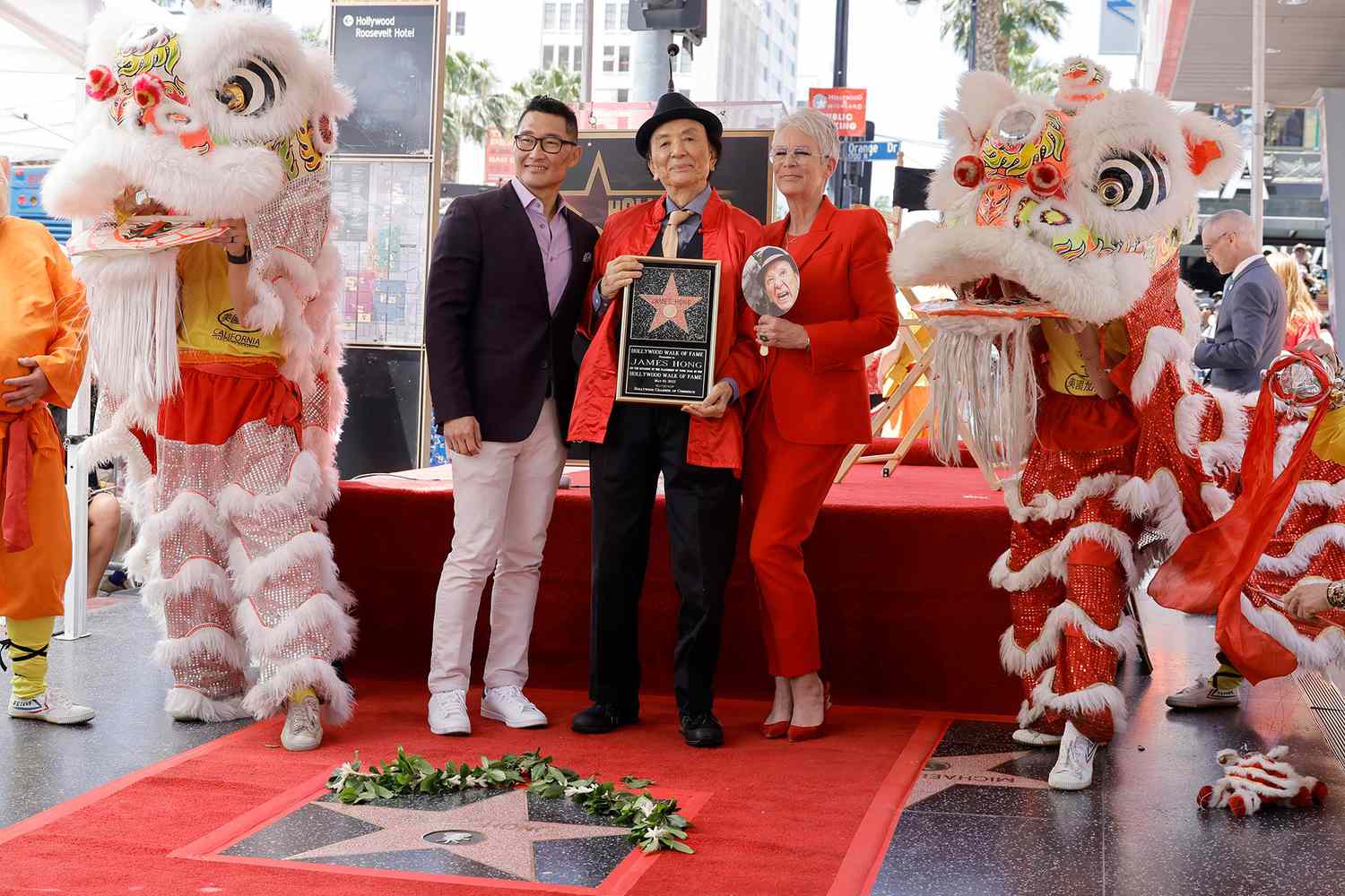 Daniel Dae Kim, James Hong and Jamie Lee Curtis attend the Hollywood Walk of Fame Star Ceremony for James Hong on May 10, 2022 in Hollywood, California.