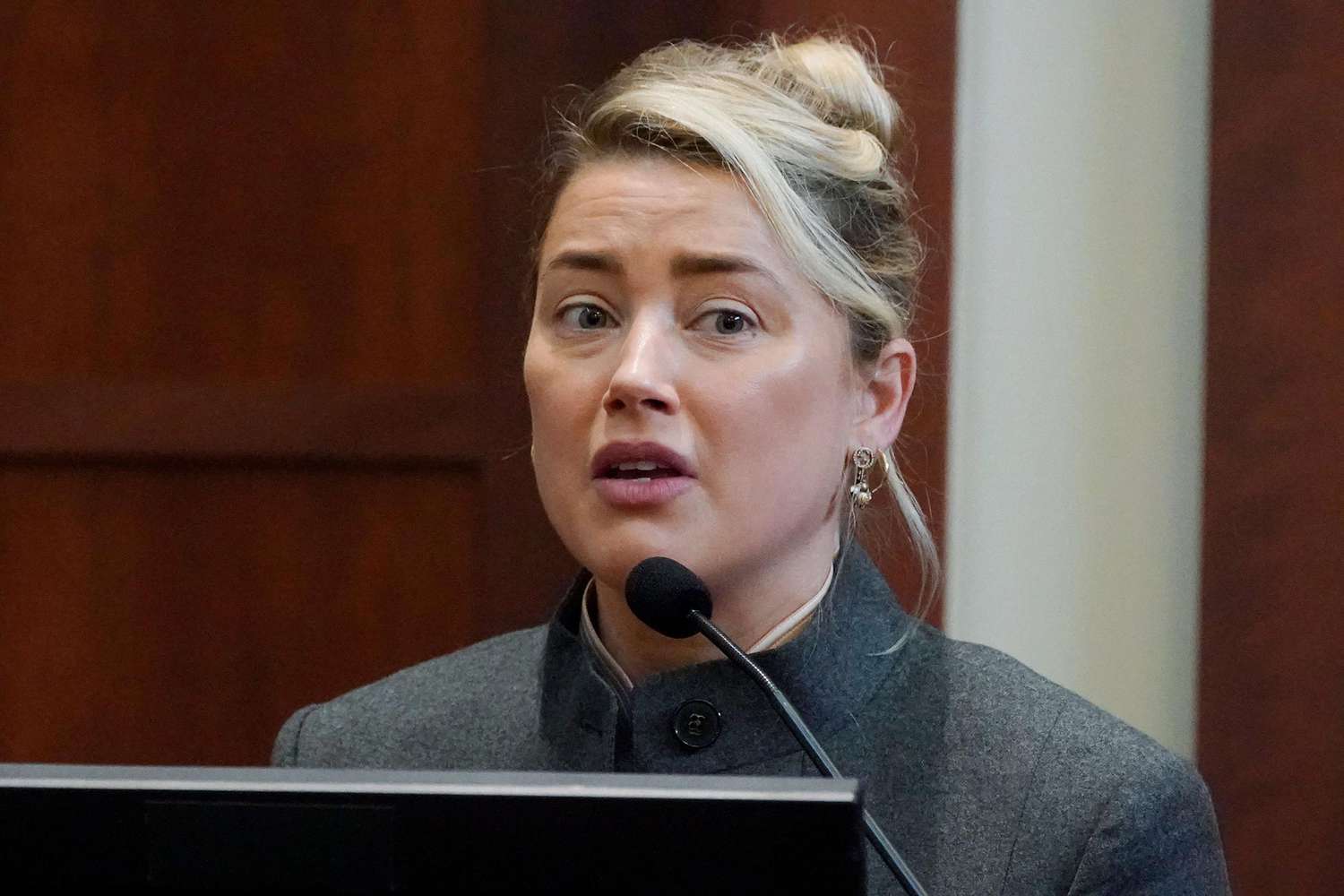 Actor Amber Heard testifies in the courtroom at the Fairfax County Circuit Courthouse in Fairfax, Virginia, on May 16, 2022.