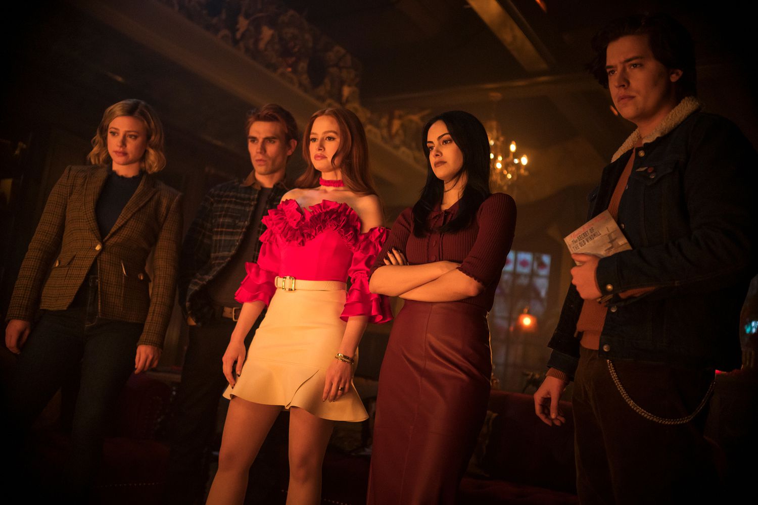 Lili Reinhart as Betty Cooper, KJ Apa as Archie Andrews, Madelaine Petsch as Cheryl Blossom, Camila Mendes as Veronica Lodge and Cole Sprouse as Jughead Jones in Riverdale