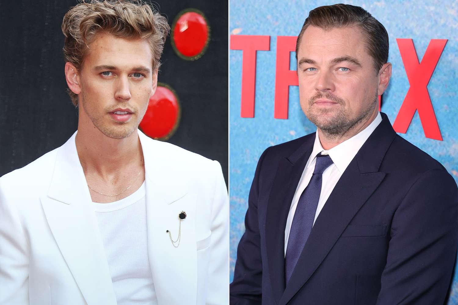 Austin Butler attends the Elvis" UK Special Screening at BFI Southbank on May 31, 2022 in London, England. (Photo by Mike Marsland/WireImage); Leonardo DiCaprio attends the world premiere of Netflix's "Don't Look Up" on December 05, 2021 in New York City. (Photo by Theo Wargo/WireImage,)