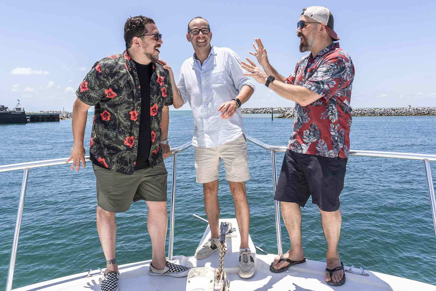 Three comedians and lifelong friends compete to embarrass each other amongst the general public with a series of hilarious and outrageous dares, as seen on Discovery’s Shark Week special at the Blue Lagoon resort in the Bahamas.