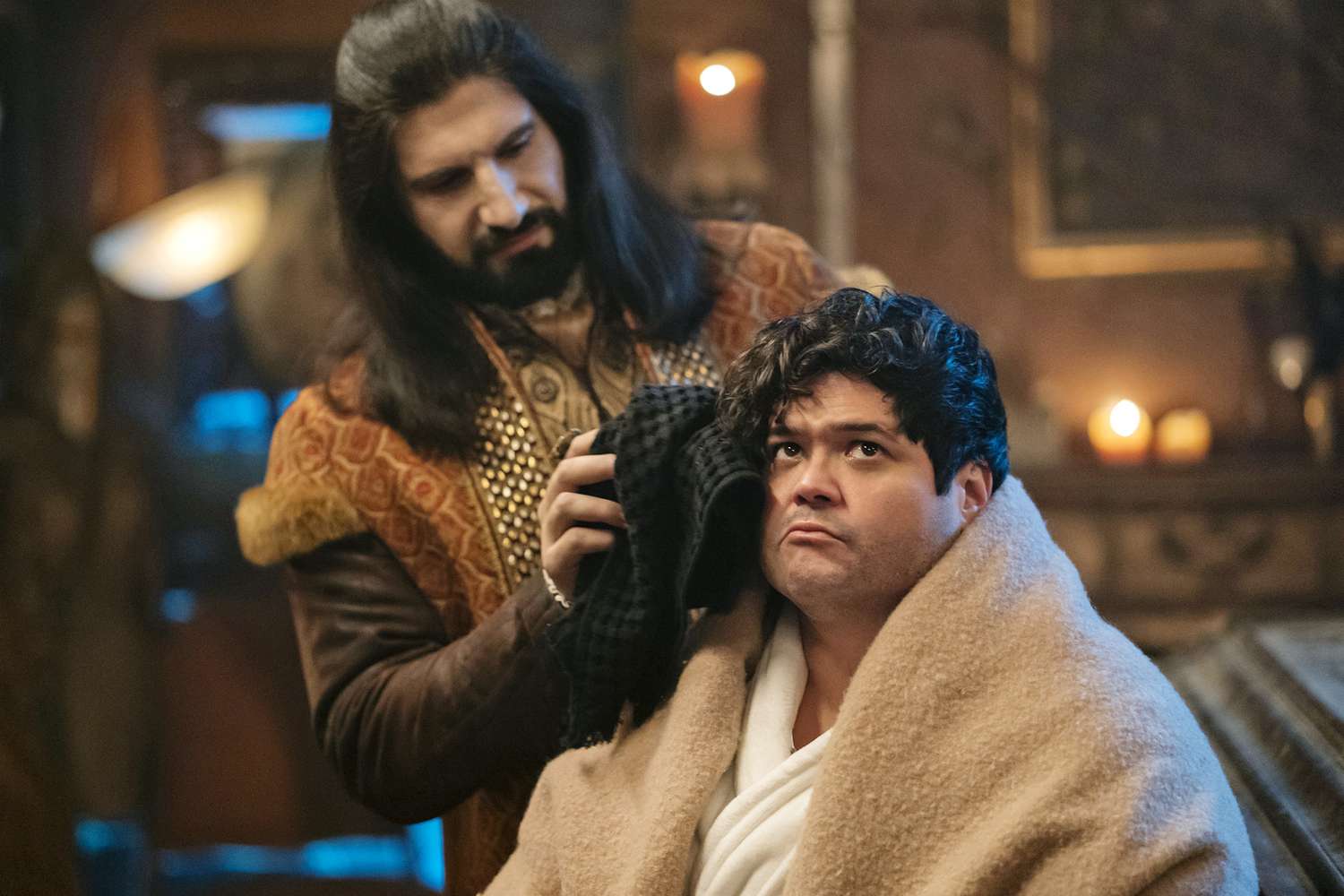 “WHAT WE DO IN THE SHADOWS” -- “Reunited” -- Season 4, Episode 1 (Airs July 12) — Pictured: Kayvan Novak as Nandor, Harvey Guillén as Guillermo. CR: Russ Martin: FX
