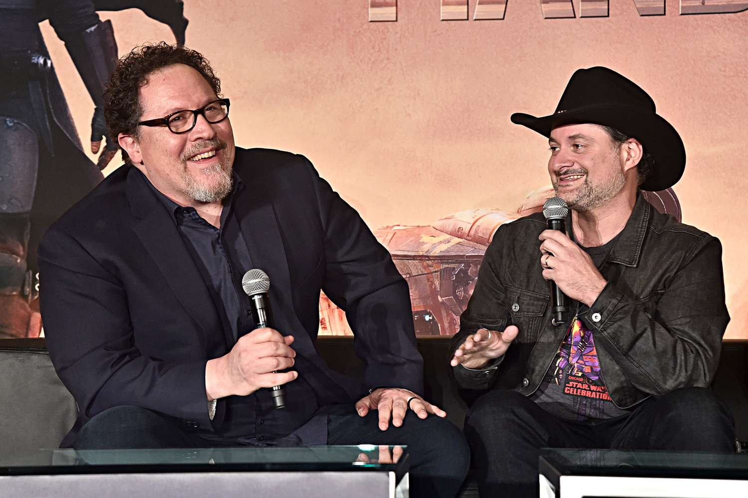 Jon Favreau (L) and Dave Filoni of Lucasfilm's "The Mandalorian" at the Disney+ Global Press Day on October 19, 2019 in Los Angeles, California.