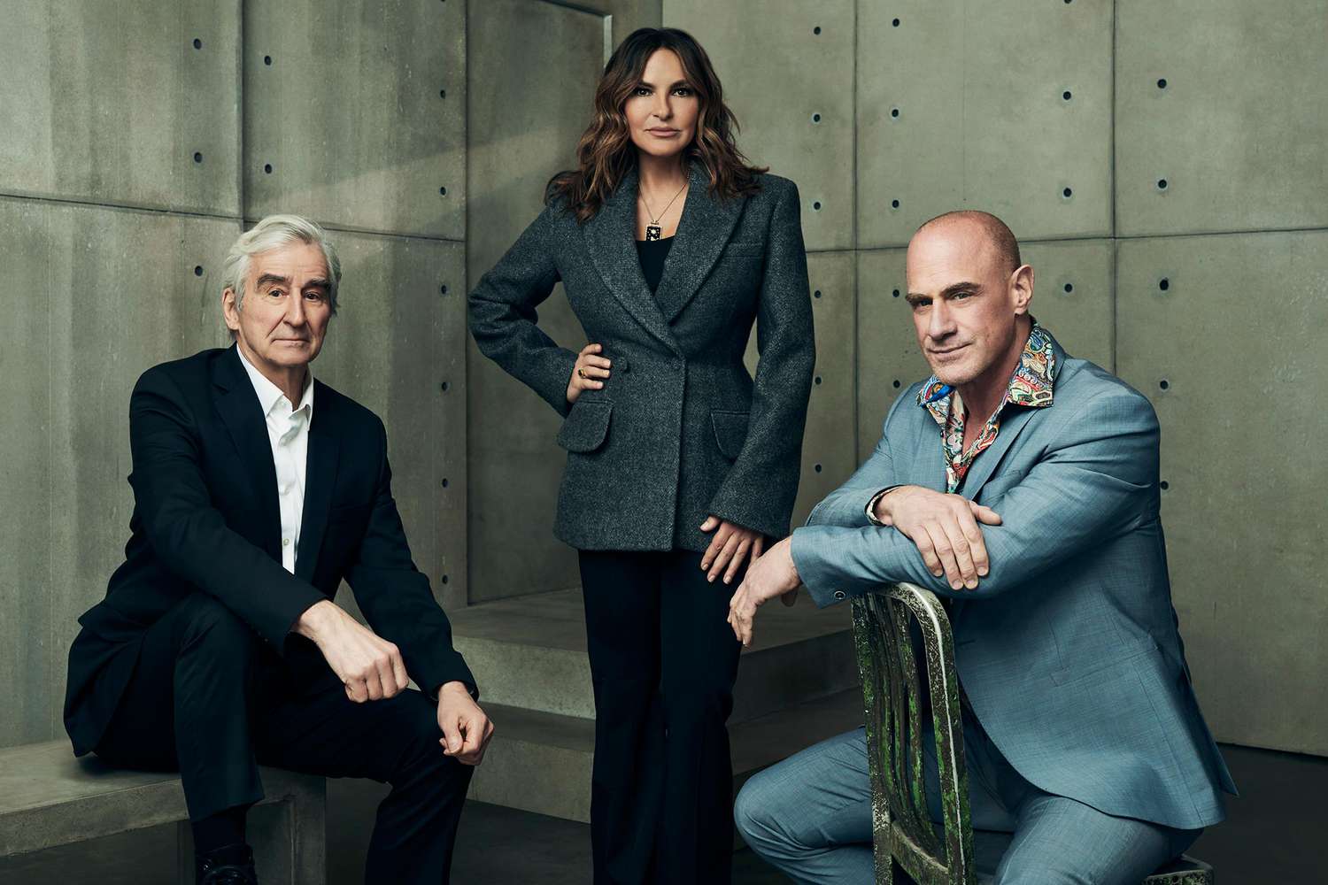 Law and Order Crossover event Law & Order Press Day -- Pictured: (l-r) Law & Order" ; Sam Waterston, Law & Order: Special Victims Unit; Mariska Hargitay, Law & Order: Organized Crime; Chris Meloni