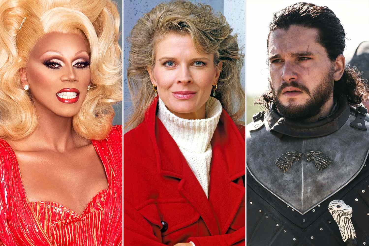 RuPaul publicity photo Logo Network RuPaul's Drag Race; LOS ANGELES - JANUARY 1: Murphy Brown, a CBS television situation comedy program featuring topical current events and satire. Pictured is Candice Bergen (as Murphy Brown, seasoned broadcast journalist). January 1, 1993. (Photo by CBS via Getty Images); Game of Thrones "The Bells" Liam Cunningham as Davos Seaworth and Kit Harington as Jon Snow