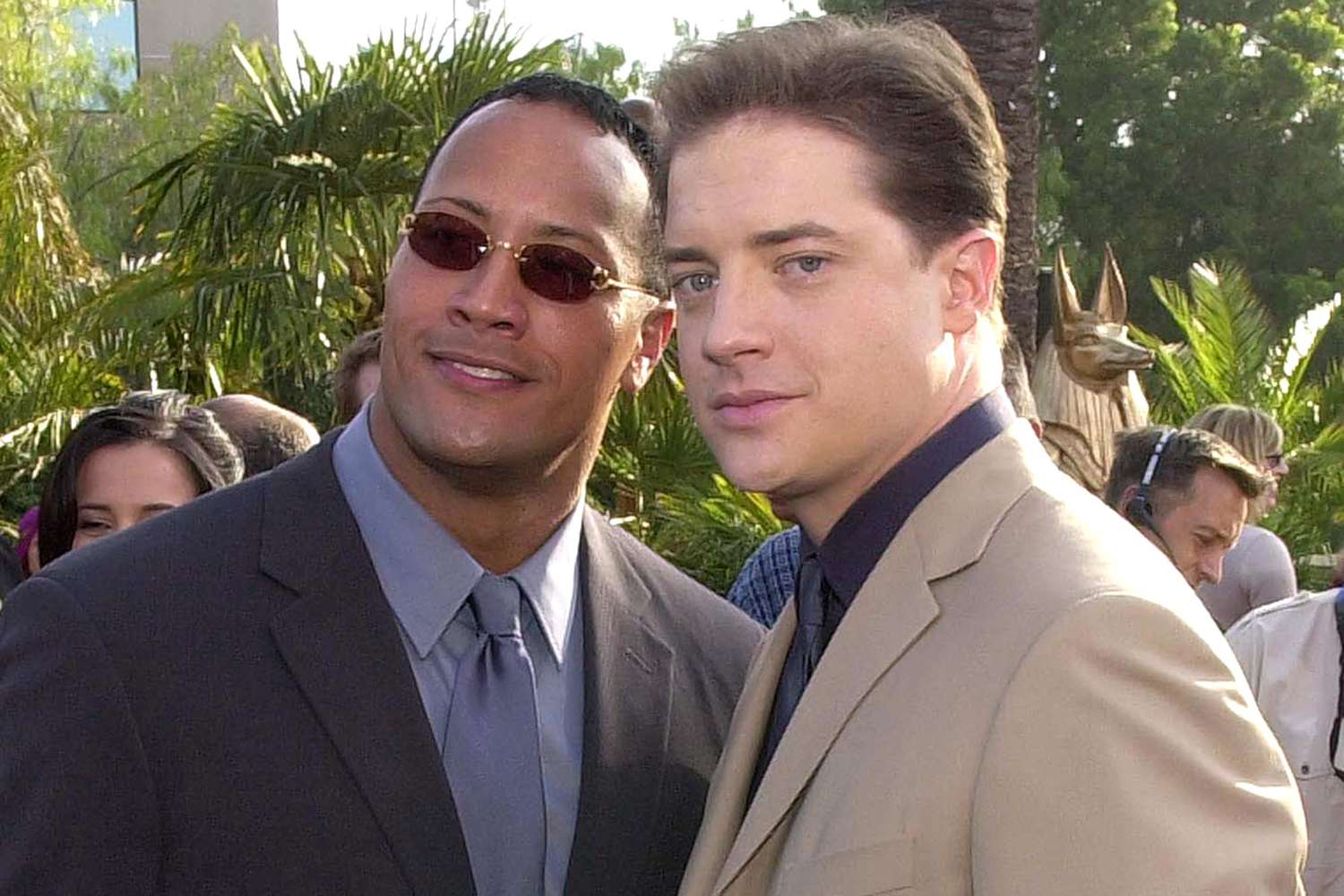 Brendan Fraser (R) poses with co-star WWF wrestler/actor The Rock (L) at the premiere of their new film "The Mummy Returns" at Universal City in Los Angeles, 29 April 2001