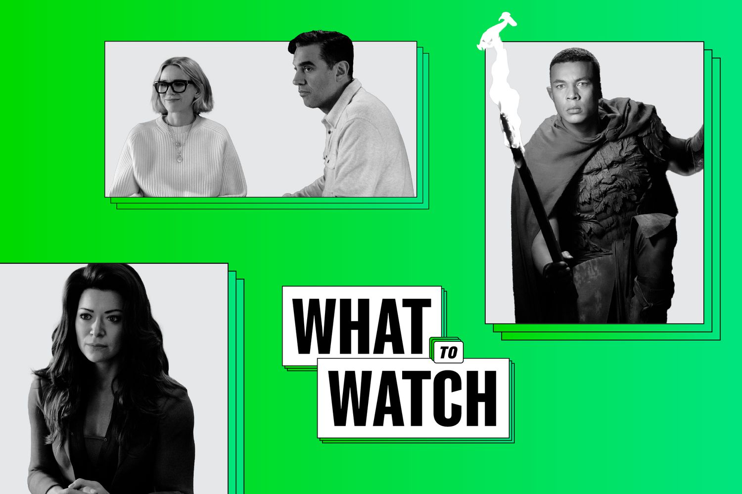 Tatiana Maslany in She-Hulk, Naomi Watts and Bobby Cannavale in The Watcher and Ismael Cruz Cordova in Rings of Power inside frames on a green background with What To Watch logo overlaid