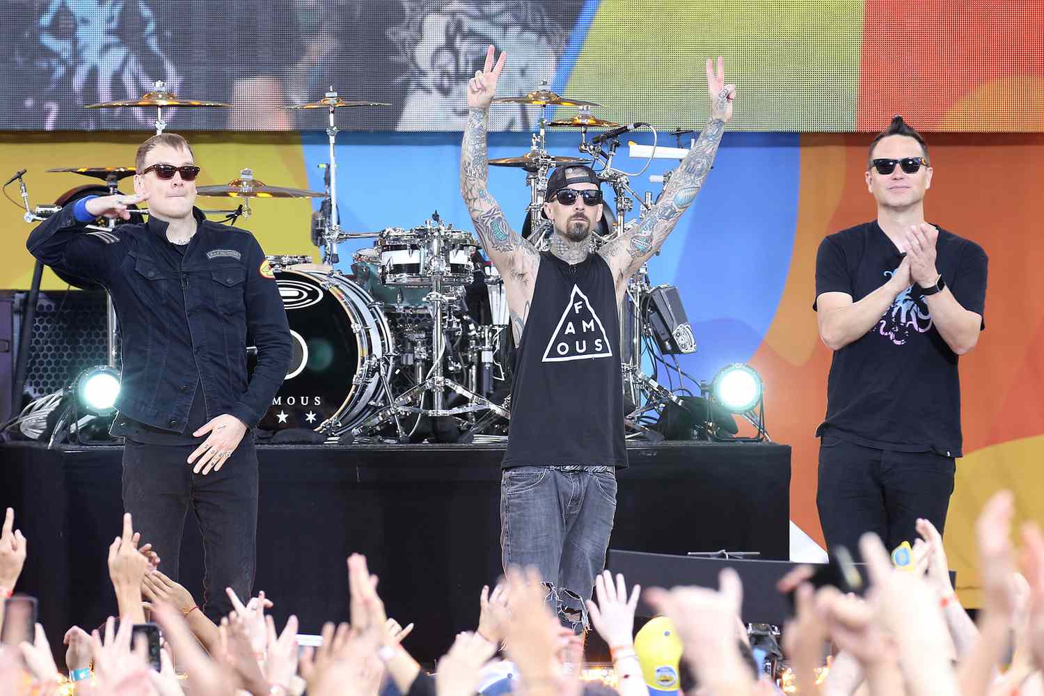 Musicians Matt Skiba, Travis Barker and Mark Hoppus of band Blink-182 perform On ABC's "Good Morning America" at SummerStage