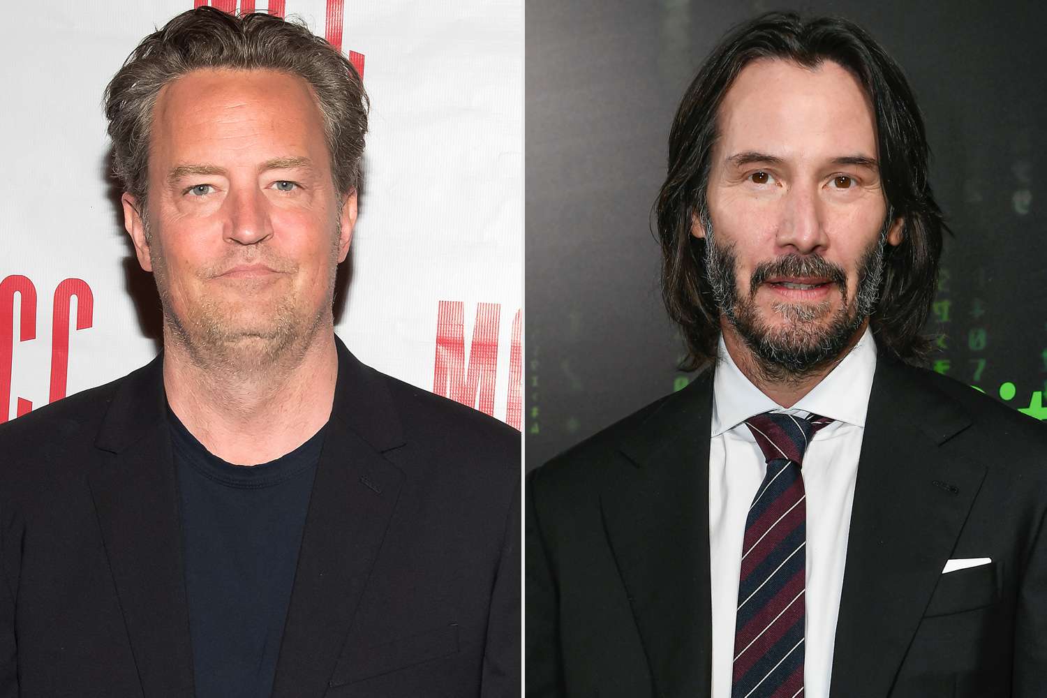 Matthew Perry attends the "The End Of Longing" opening night after party at SushiSamba 7 on June 5, 2017 in New York City. (Photo by Mike Pont/WireImage); Keanu Reeves attends "The Matrix Resurrections" Red Carpet U.S. Premiere Screening at The Castro Theatre on December 18, 2021 in San Francisco, California. (Photo by Steve Jennings/Getty Images)