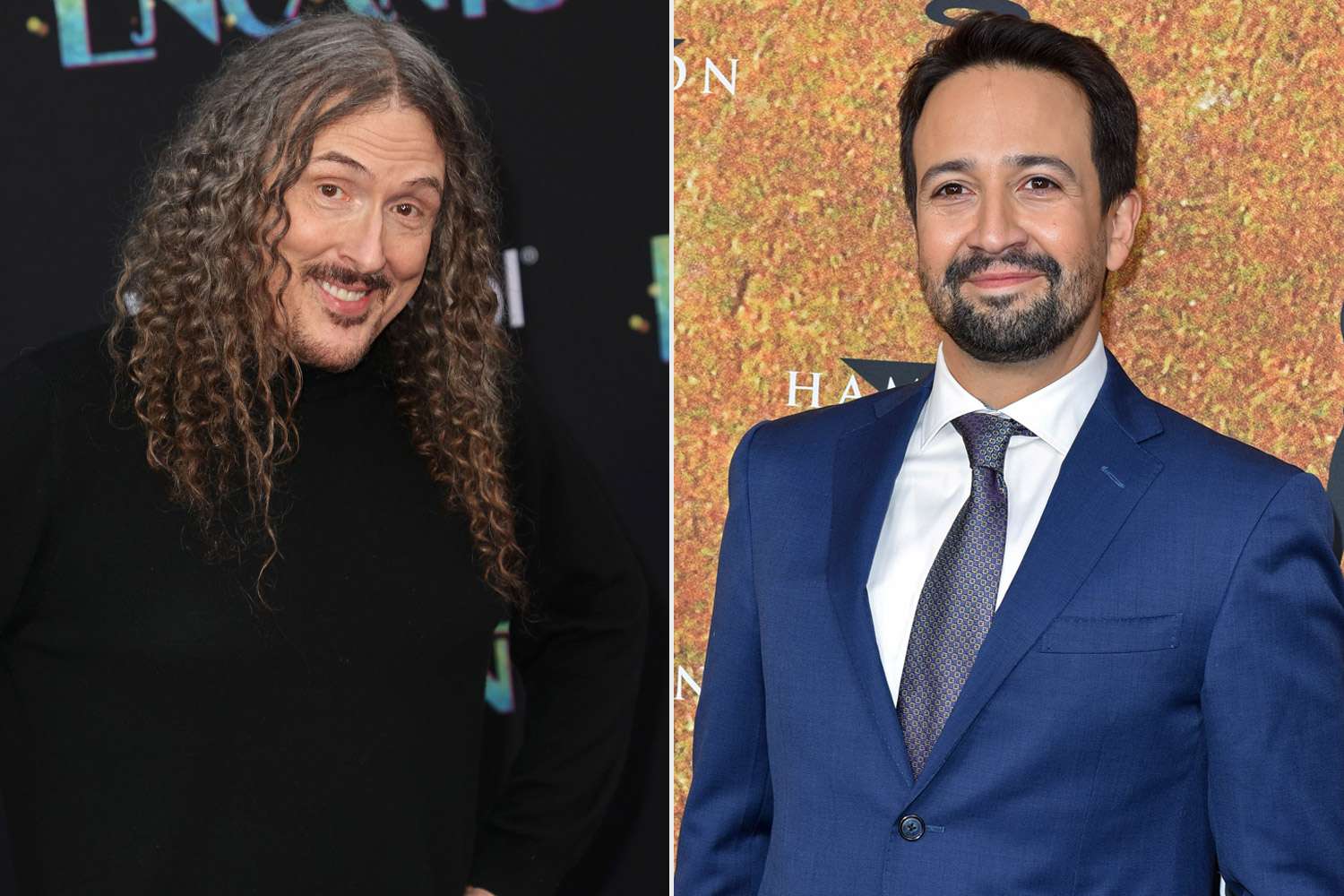 LOS ANGELES, CALIFORNIA - NOVEMBER 03: "Weird Al" Yankovic attends Disney Studios' premiere of "Encanto" at El Capitan Theatre on November 03, 2021 in Los Angeles, California. (Photo by Kevin Winter/Getty Images); HAMBURG, GERMANY - OCTOBER 06: US actor and composer of the musical Lin-Manuel Miranda attends the premiere of "Hamilton - Das Musical" at Stage Operettenhaus on October 6, 2022 in Hamburg, Germany. (Photo by Tristar Media/Getty Images)