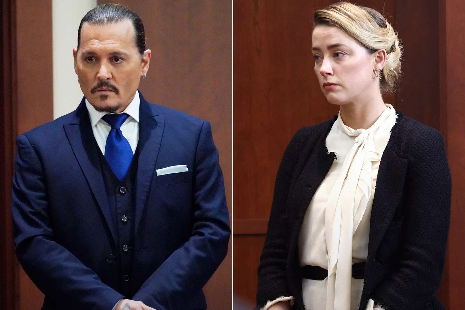 Johnny Depp testifies in the courtroom at the Fairfax County Circuit Courthouse in Fairfax, Virginia, April 25, 2022. - Actor Johnny Depp sued his ex-wife Amber Heard for libel in Fairfax County Circuit Court after she wrote an op-ed piece in The Washington Post in 2018 referring to herself as a "public figure representing domestic abuse." (Photo by Steve Helber / POOL / AFP) (Photo by STEVE HELBER/POOL/AFP via Getty Images); Amber Heard (L) testifies as US actor Johnny Depp looks on during a defamation trial at the Fairfax County Circuit Courthouse in Fairfax, Virginia, on May 5, 2022. - Actor Johnny Depp is suing ex-wife Amber Heard for libel after she wrote an op-ed piece in The Washington Post in 2018 referring to herself as a public figure representing domestic abuse. (Photo by Jim LO SCALZO / POOL / AFP) (Photo by JIM LO SCALZO/POOL/AFP via Getty Images)