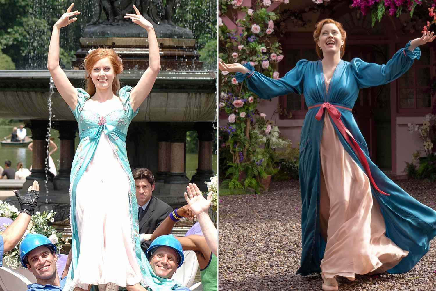 ENCHANTED, Amy Adams (top), 2007. ©Buena Vista Pictures/courtesy Everett Collection; Amy Adams as Giselle in Disney's live action DISENCHANTED, exclusively on Disney+. Photo by Jonathan Hession. 2022 Disney Enterprises, Inc. All Rights Reserved.