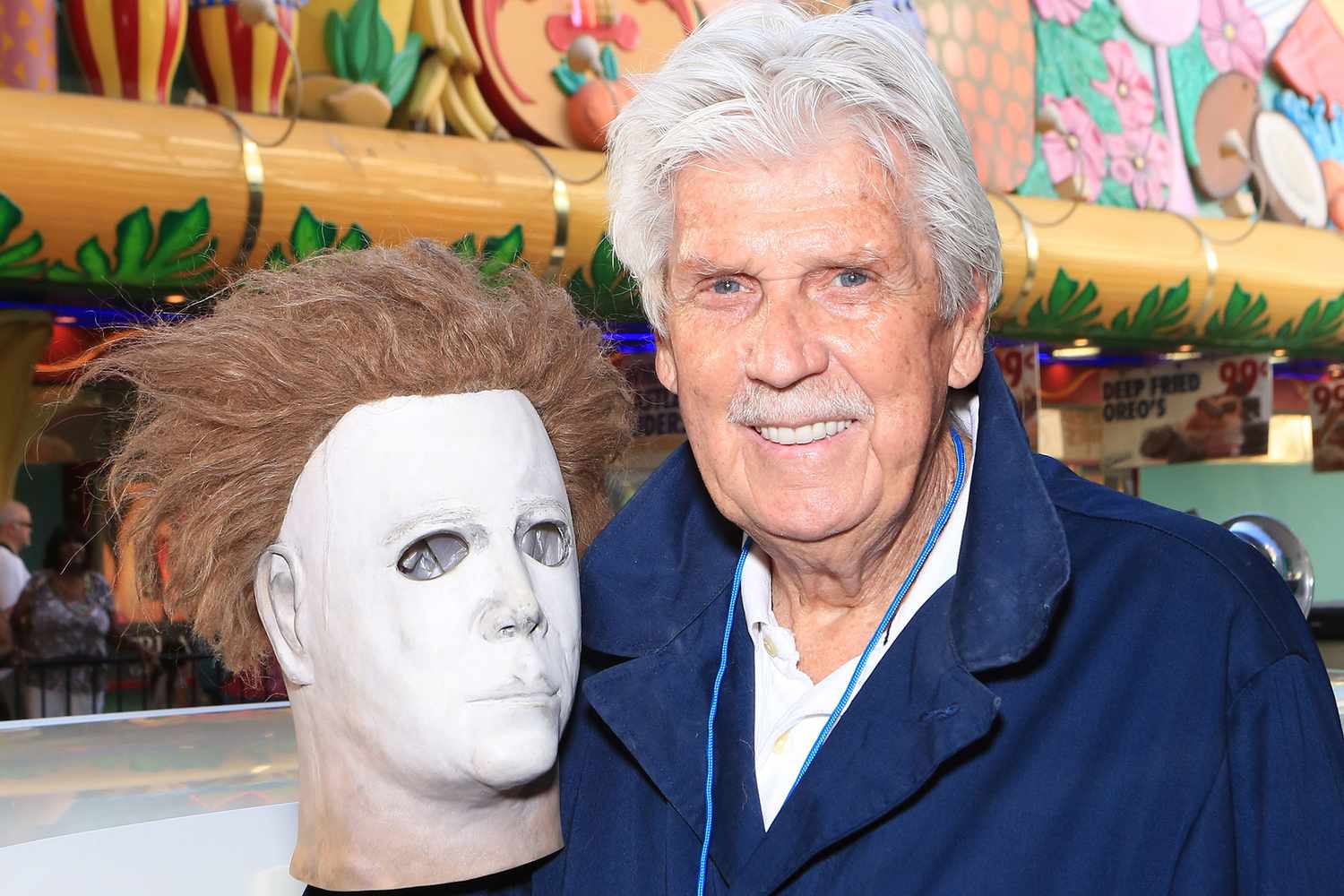 Actor and stuntman James Winburn arrives with a Michael Myers mask at the opening ceremony of Las Vegas Car Stars at the Fremont Street Experience on May 17, 2013 in Las Vegas, Nevada.