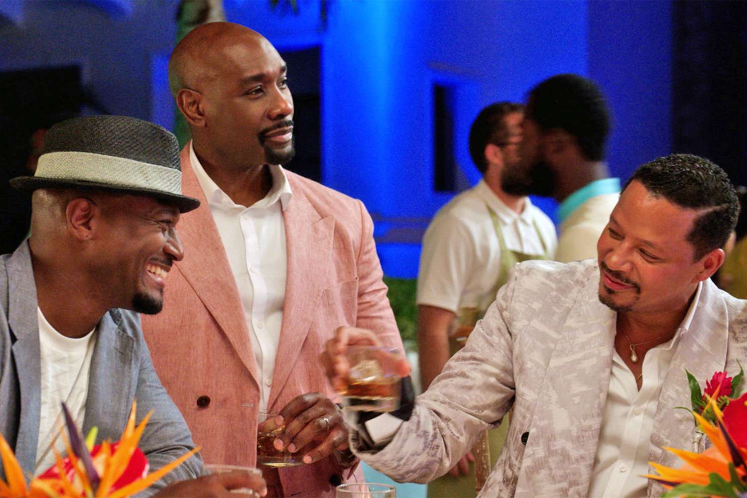 THE BEST MAN: THE FINAL CHAPTERS -- Episode 101 “Paradise” -- Pictured: (l-r) Taye Diggs as Harper, Morris Chestnut as Lance Sullivan, Terrence Howard as Quentin (Photo by: Peacock)