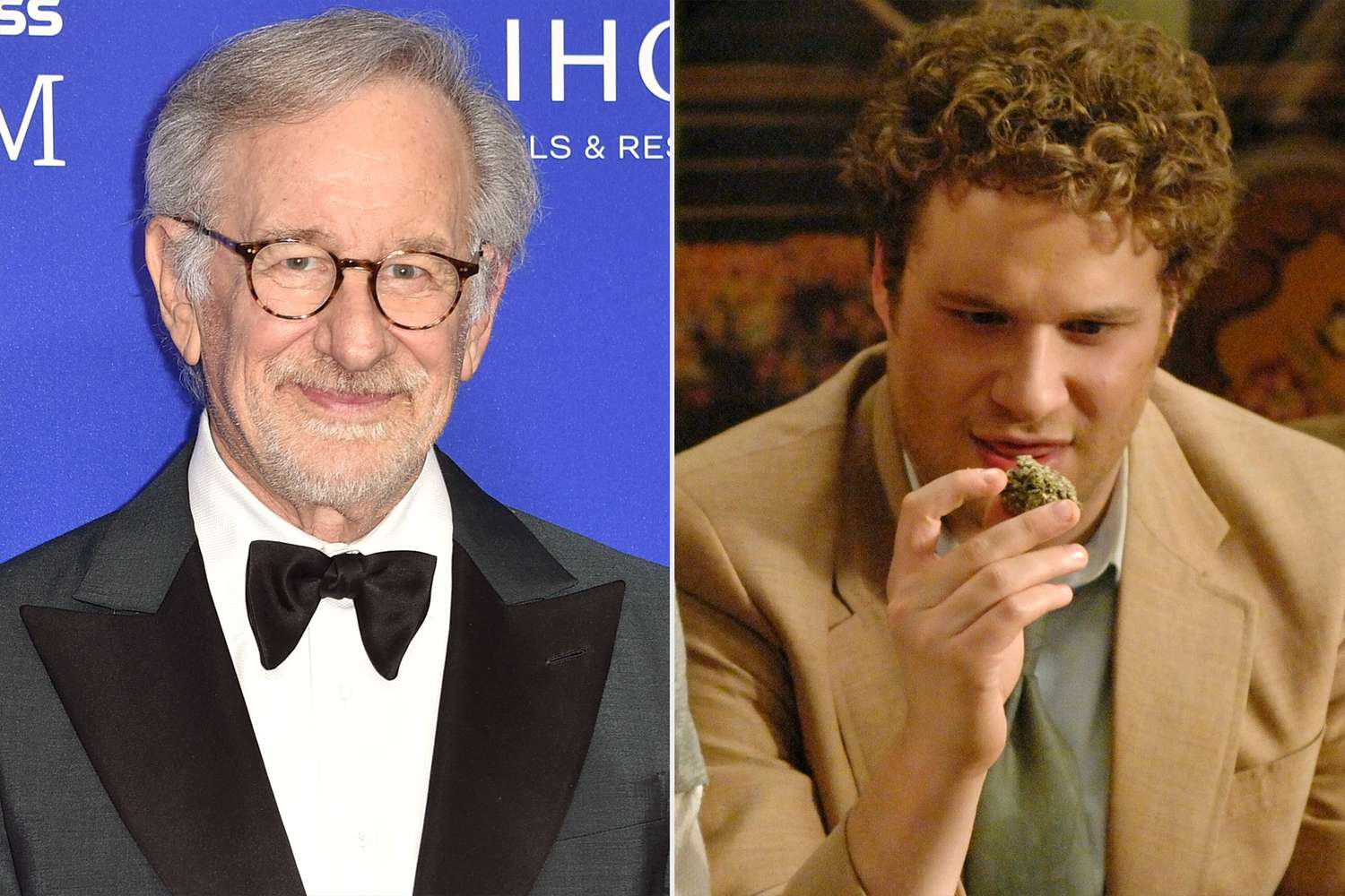 Steven Spielberg attends the 34th Annual Palm Springs International Film Festival's Film Awards Gala Arrivals at Palm Springs Convention Center on January 05, 2023 in Palm Springs, California. (Photo by David Crotty/Patrick McMullan via Getty Images); PINEAPPLE EXPRESS, from left: James Franco, Seth Rogen, 2008, © Columbia/courtesy Everett Collection