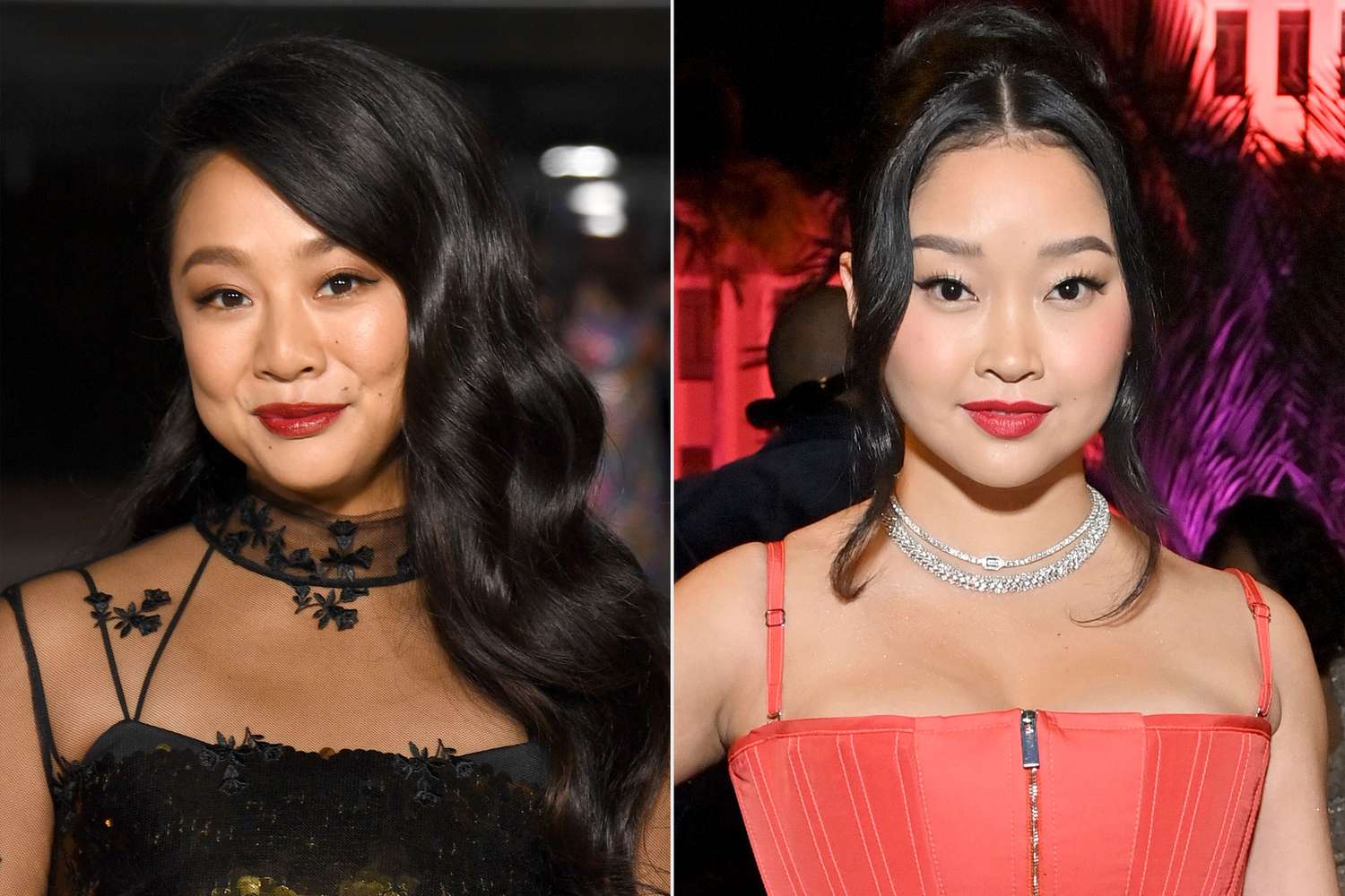Stephanie Hsu attends the 2nd Annual Academy Museum Gala at Academy Museum of Motion Pictures on October 15, 2022 in Los Angeles, California. ; Lana Condor attends the 2022 Vanity Fair Oscar Party hosted by Radhika Jones at Wallis Annenberg Center for the Performing Arts on March 27, 2022 in Beverly Hills, California.