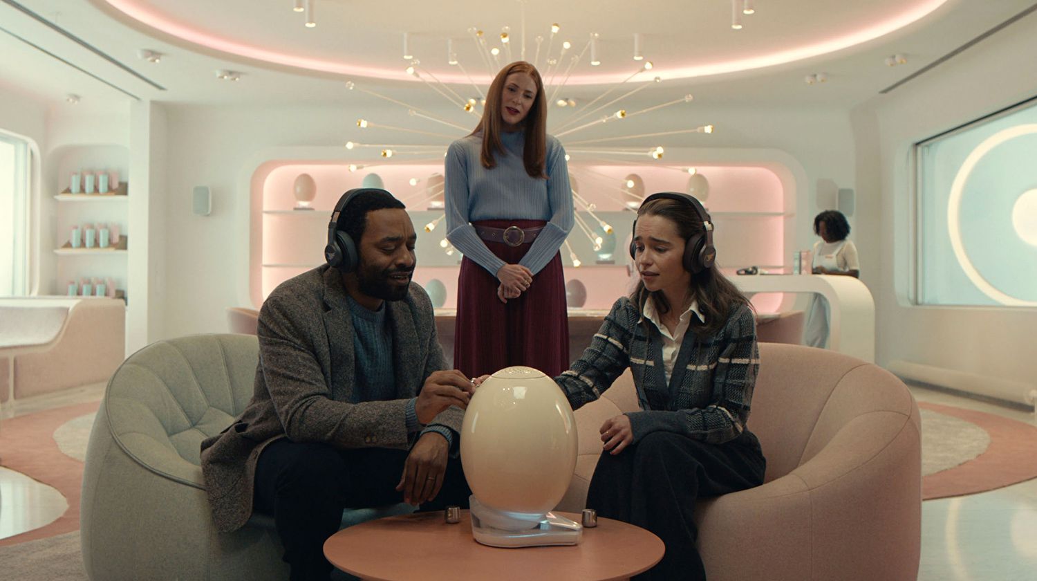 Emilia Clarke, Chiwetel and Rosalie Craig appear in a still from The Pod Generation