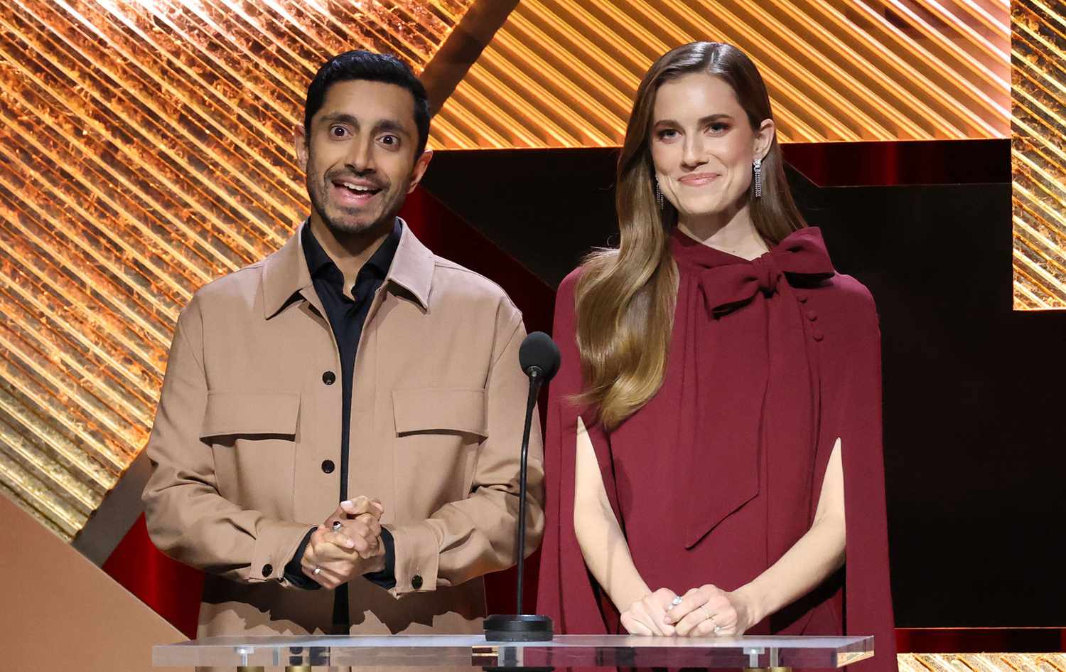 Riz Ahmed and Allison Williams speak onstage during the 95th Academy Award Nominations at Samuel Goldwyn Theater on January 24, 2023 in Beverly Hills, California.