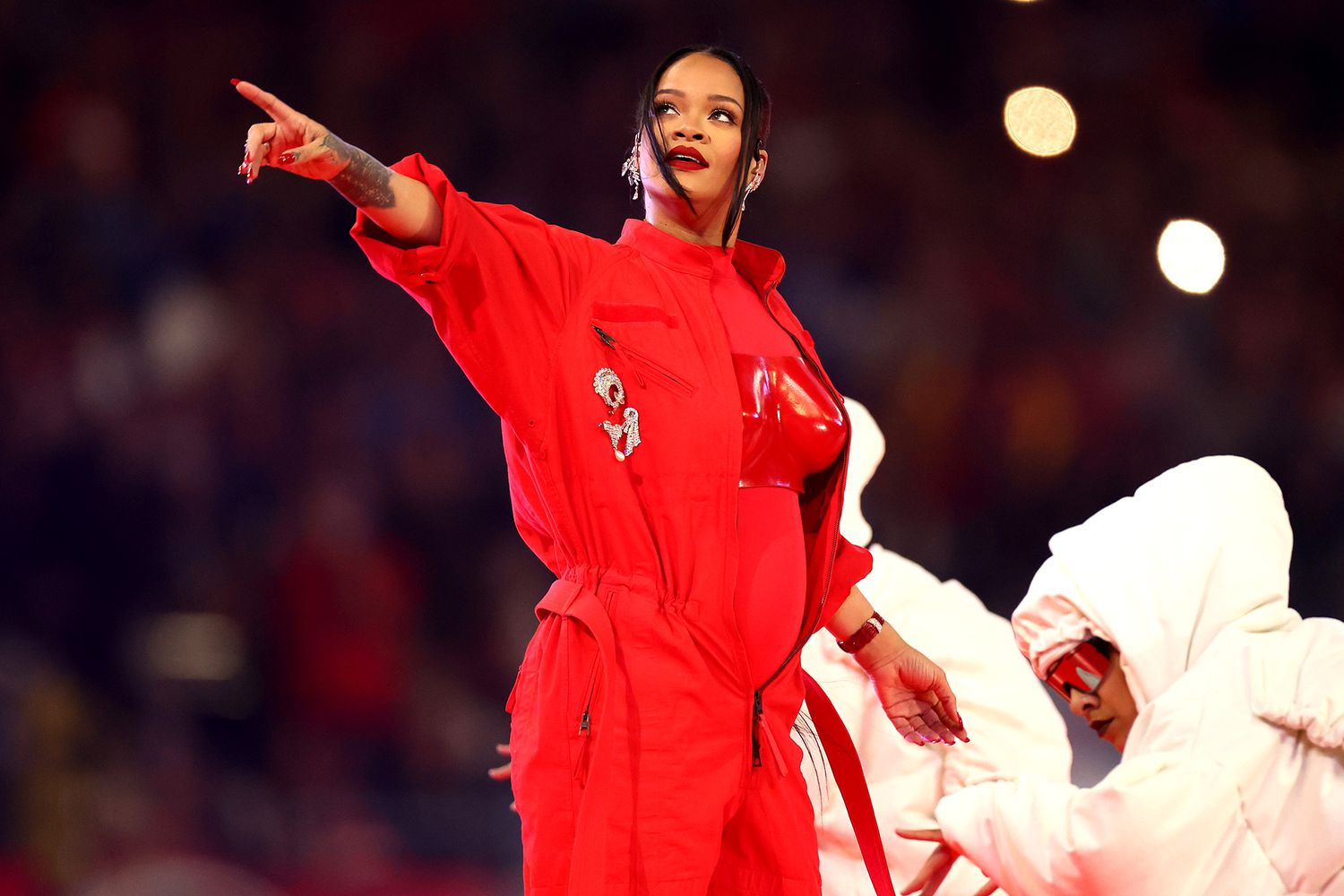 Rihanna performs onstage during the Apple Music Super Bowl LVII Halftime Show at State Farm Stadium on February 12, 2023 in Glendale, Arizona.